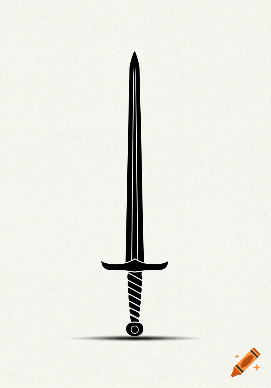 A minimalist black silhouette of a sword standing upright on a light background.