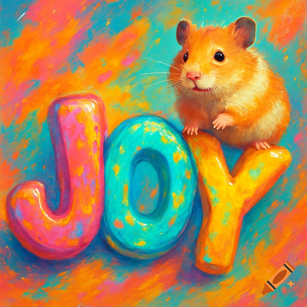 A fluffy orange hamster sits on the letter 'Y' of the word 'JOY', spelled in colorful bubble letters, against a vibrant, painterly background.