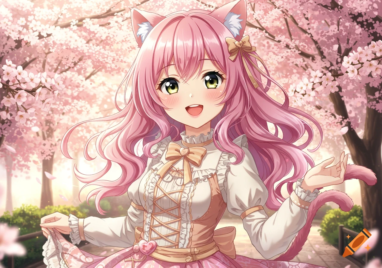 A happy anime girl with pink hair, cat ears, and tail, wearing a cute dress under cherry blossom trees.