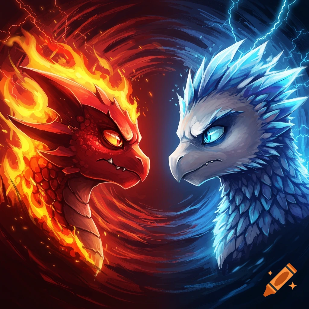 A vibrant illustration of a red fire dragon and a blue ice phoenix glaring at each other.