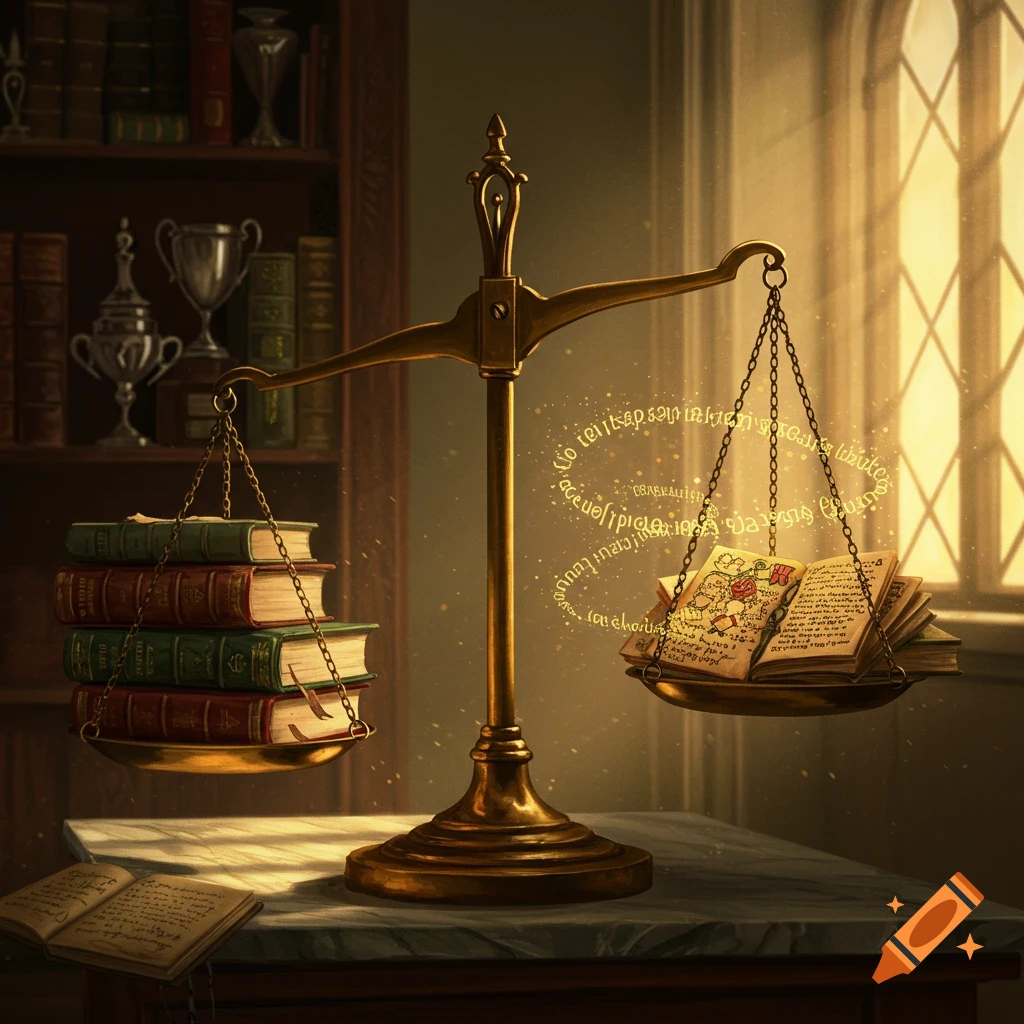 A brass scale with a stack of old books on one pan and glowing, magical text swirling around an open manuscript on the other, set in a scholarly room.
