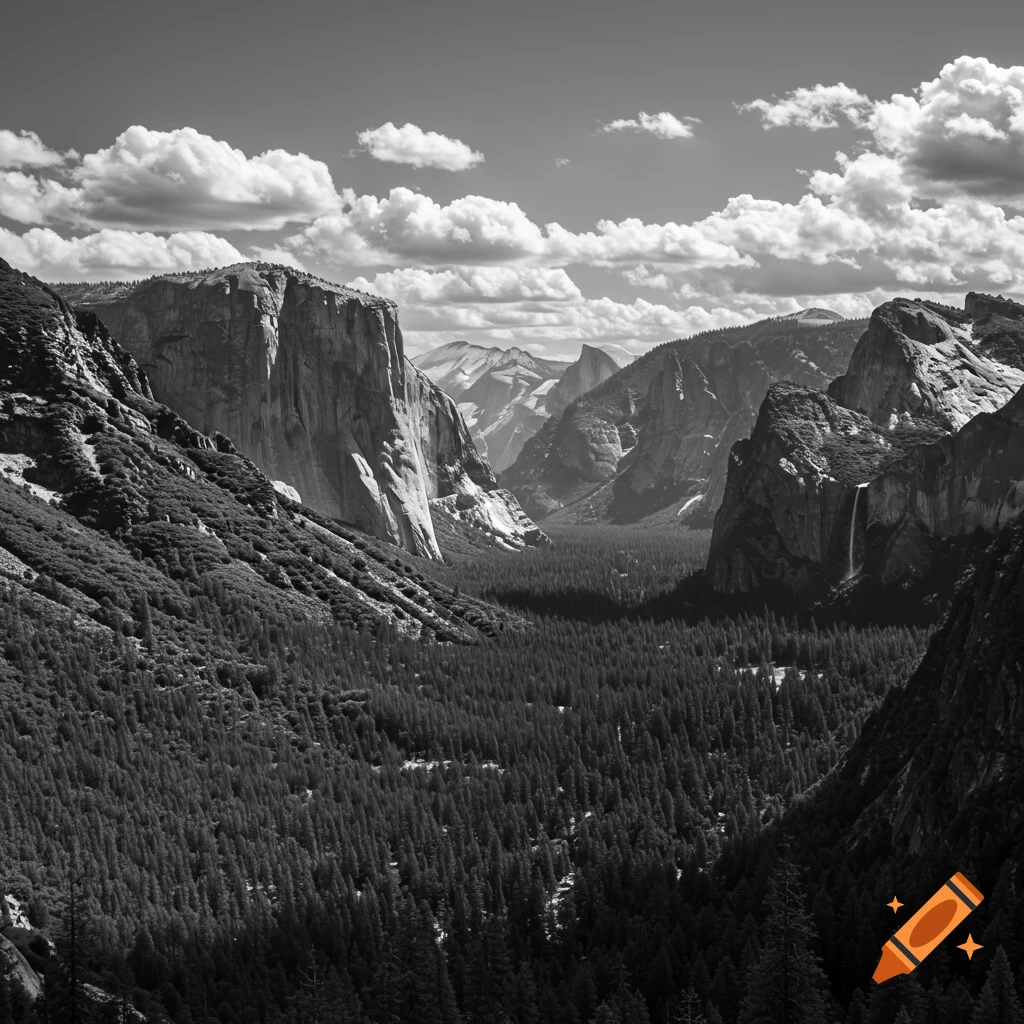 Black and white photograph of Yosemite Valley, showing towering cliffs, lush forests, and distant mountains under a cloudy sky.