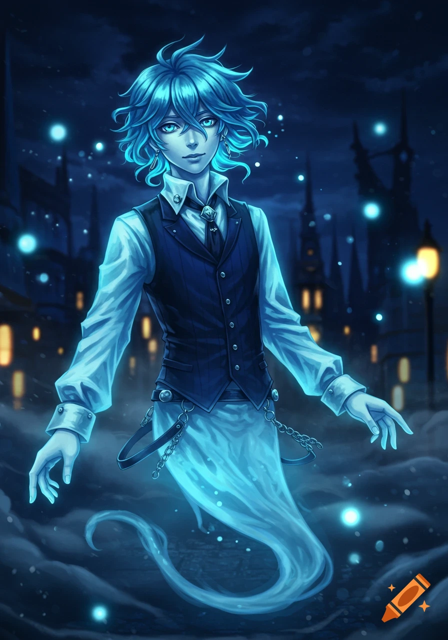 A blue-haired anime ghost boy with glowing eyes and a wispy tail floats against a dark, city night background.