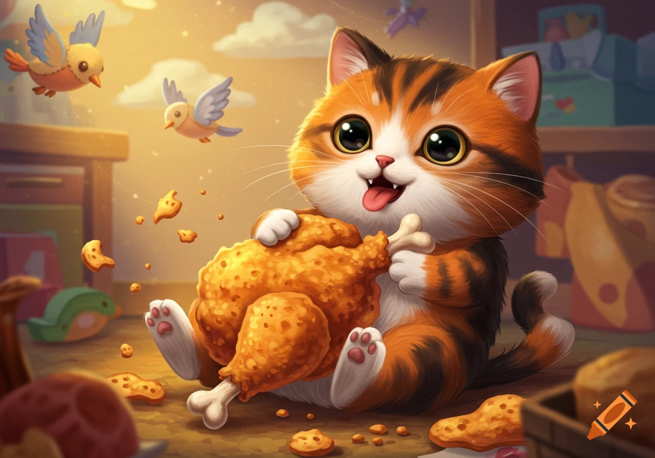 A cute cartoon orange and white cat happily eats a large fried chicken drumstick in a warm, cozy room with small birds flying around.