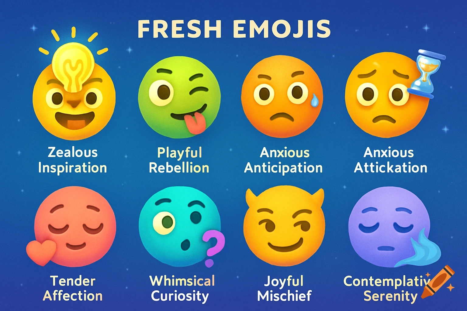 A colorful chart displaying eight different stylized emojis, each with a two-word label describing an emotion, on a dark blue background with small stars.