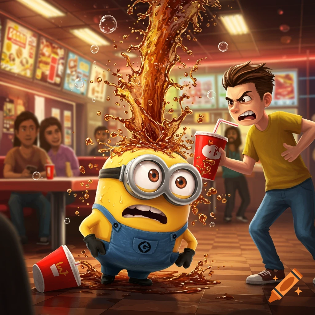 An angry boy spills soda on a shocked minion in a cartoon-style fast-food restaurant, with soda splashing everywhere.