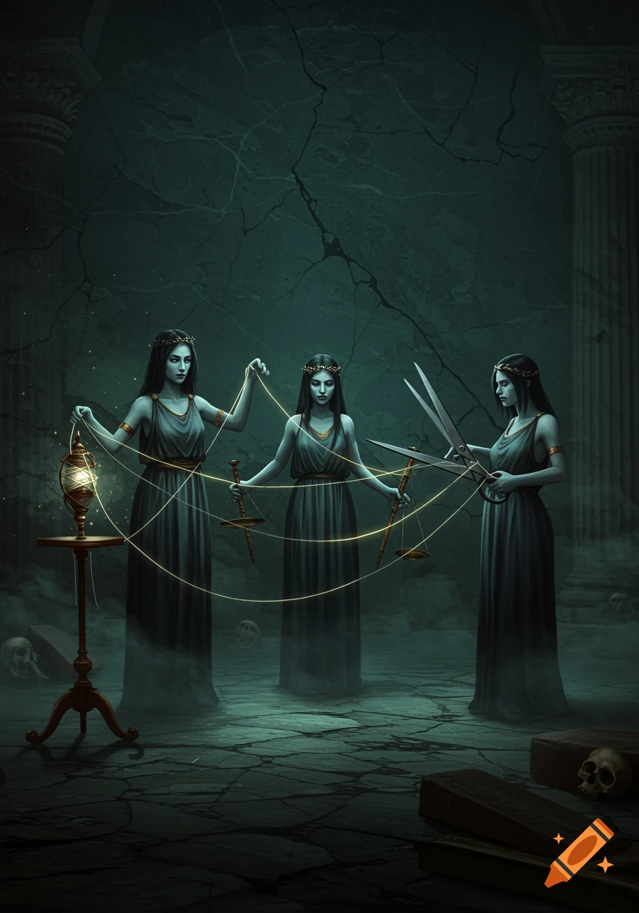 Three robed women in a dark, crumbling gothic hall, representing the Moirai, with golden threads, scales, a spindle, and large scissors.