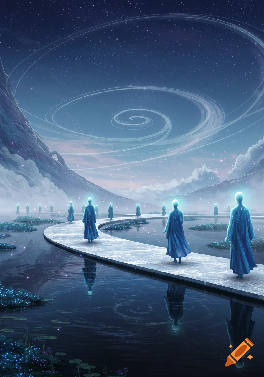Glowing robed figures walk on a winding path over reflective water towards mountains under a starry, swirling sky.