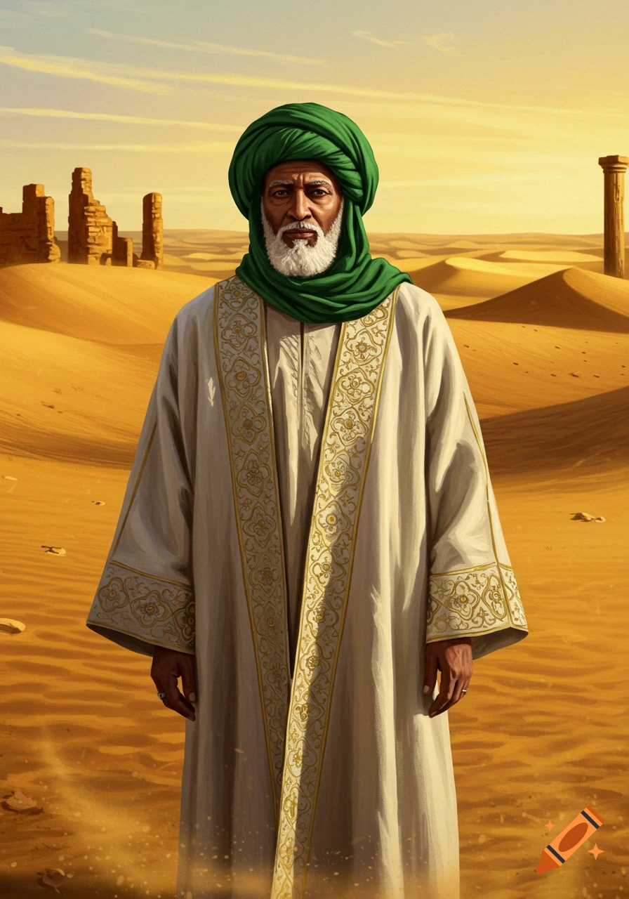 An old man with a white beard and green turban, in a white robe with gold trim, stands in a desert with ruins.