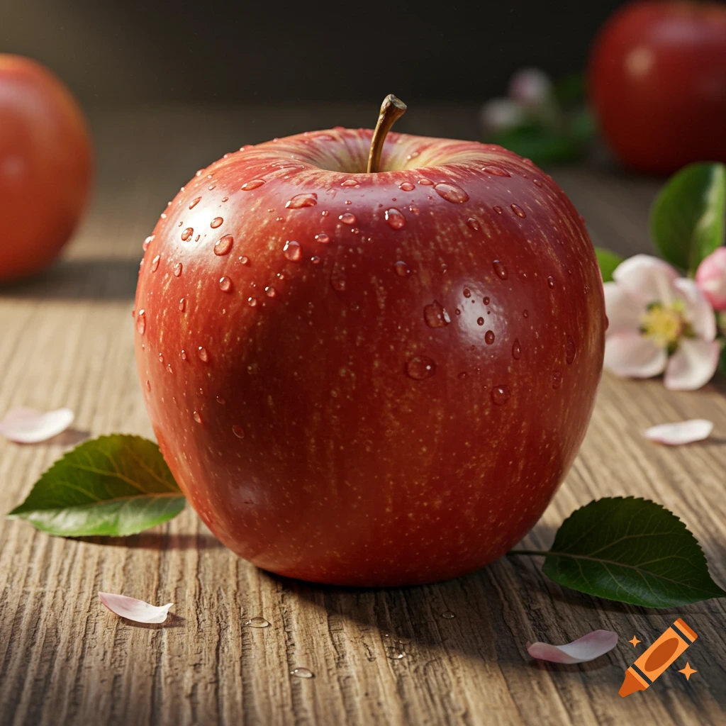 A photorealistic red apple covered in water droplets sits on a wooden surface with green leaves and pink petals.
