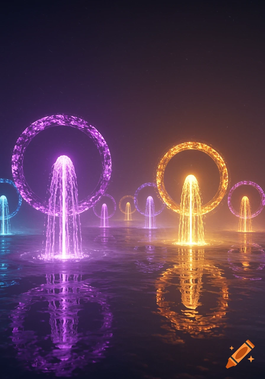 Glowing purple and orange toroidal fountains in dark water with reflections.