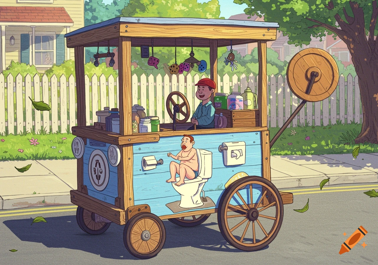 A cartoon boy drives a wooden soapbox cart on a street, featuring a man sitting on a toilet on its side, in an illustrated style.