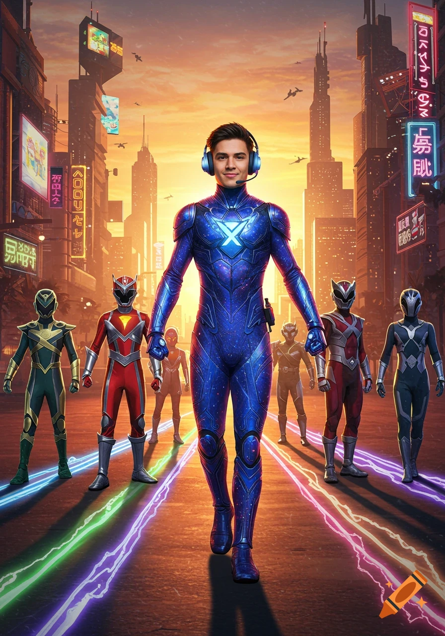A young man in a blue, star-patterned superhero suit with a headset walks confidently down a futuristic city street, leading a team of costumed superheroes.