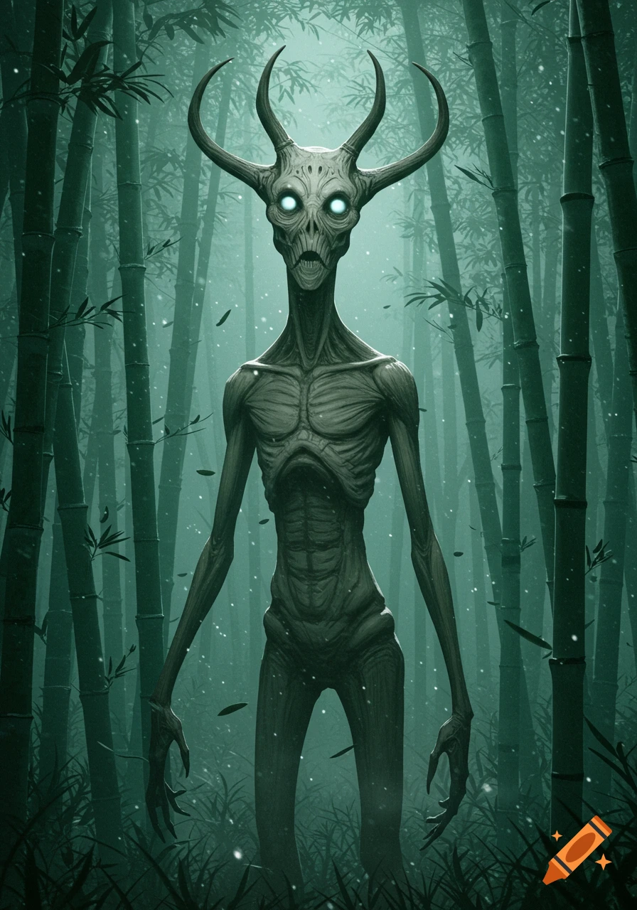 A creepy, slender, humanoid creature with glowing eyes and large horns stands in a dark bamboo forest.