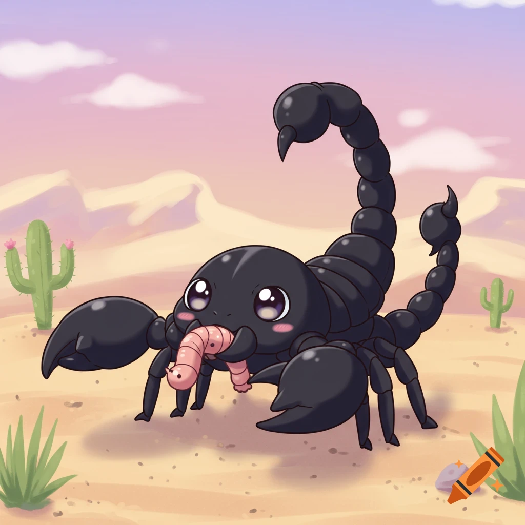 A cute, happy black cartoon scorpion with large eyes holding a pink mealworm in its mouth in a desert landscape with cacti.