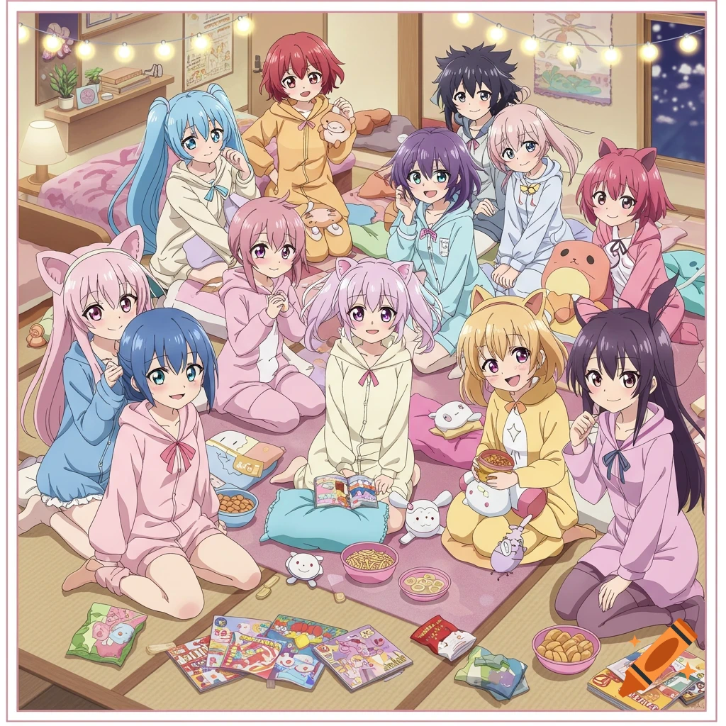 Eleven anime girls dressed in colorful pajamas, some with animal ears, gathered for a sleepover in a cozy room with snacks and books.