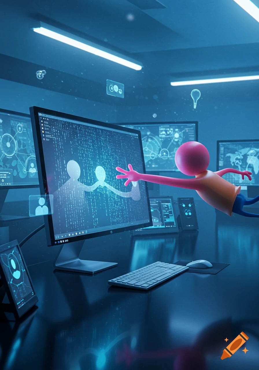 A cartoon character with a pink head and yellow shirt reaches into a computer screen displaying digital code and silhouettes of people, in a futuristic blue-lit server room.