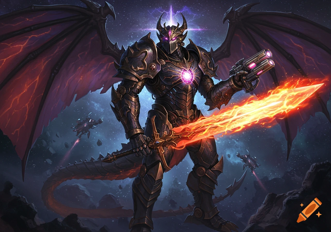 A powerful armored warrior with dragon wings and tail, holding a glowing futuristic gun and a flaming sword in a cosmic setting with spaceships.