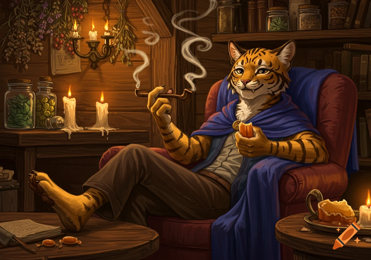 A smiling, striped tabby-like furry character in a blue cloak sits in an armchair, smoking a pipe and eating butterscotch in a cozy, candlelit room filled with jars and books.