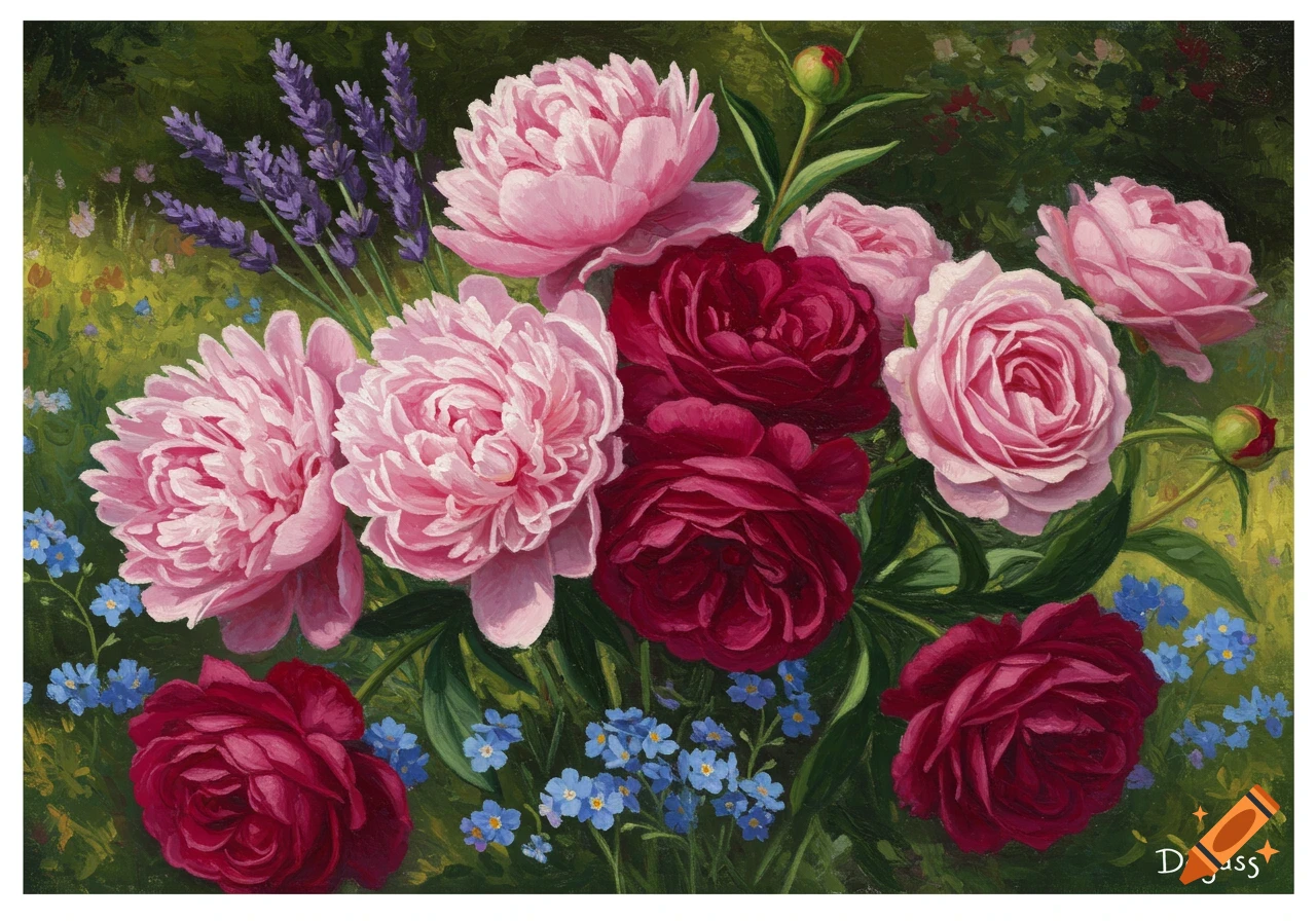 An oil painting of a vibrant bouquet featuring pink and red peonies, purple lavender, and blue forget-me-not flowers.
