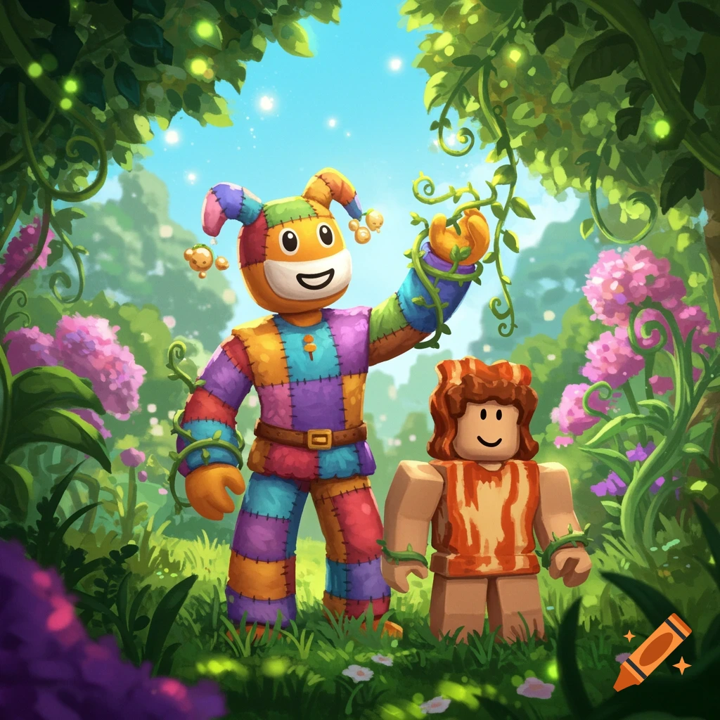 Two Roblox-style characters, one large and patchwork, the other smaller and brown, stand in a vibrant, lush forest surrounded by vines and flowers.