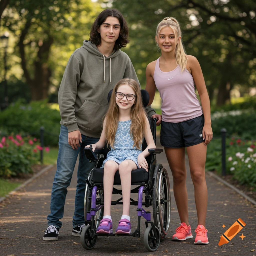 A warm outdoor family portrait shows three smiling siblings in a park, with a girl in a wheelchair centered between her older brother and sister.