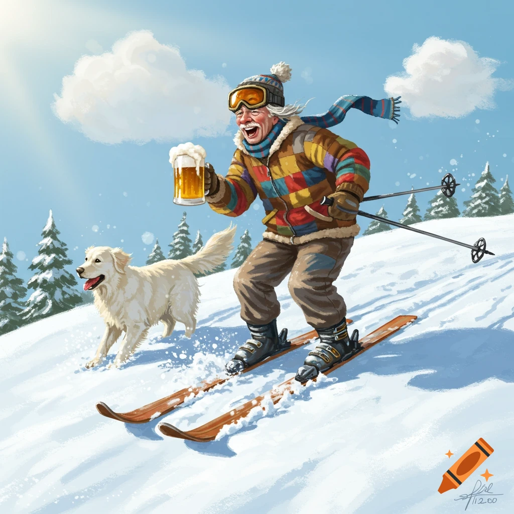 An old man in a colorful jacket skis down a snowy hill, holding a beer mug. A white golden retriever runs beside him. Illustration.