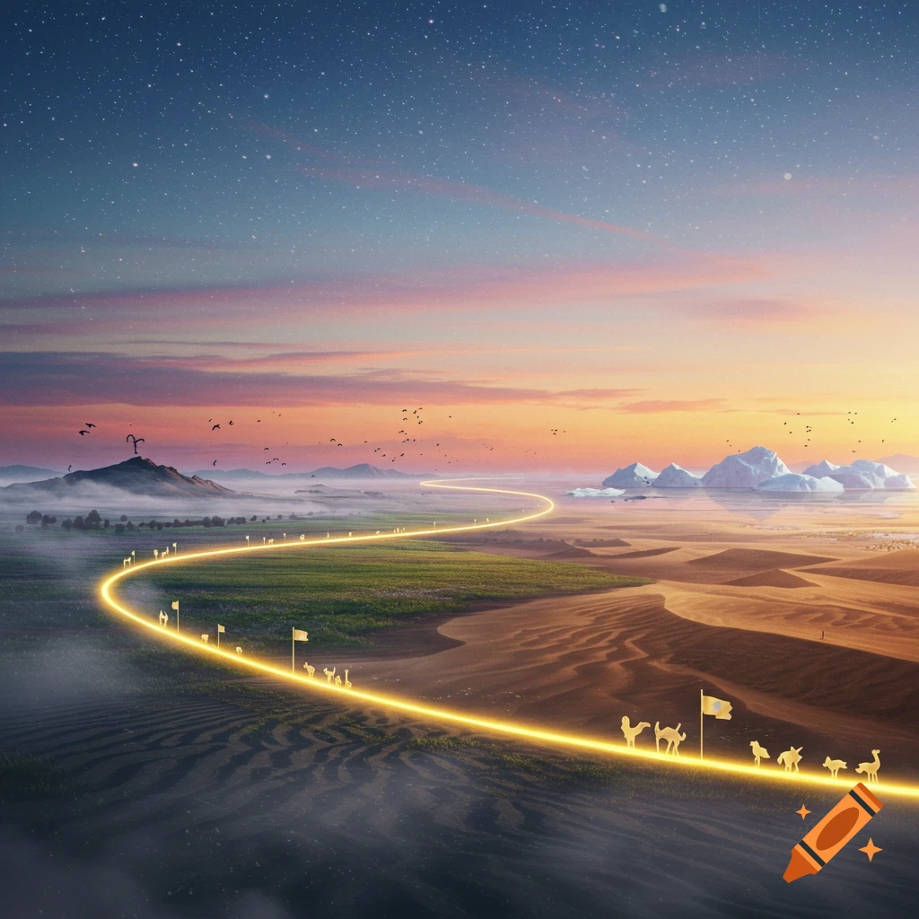 A glowing, winding path stretches across a fantastical landscape from a green field to a desert under a starry, colorful sky, with animal silhouettes.