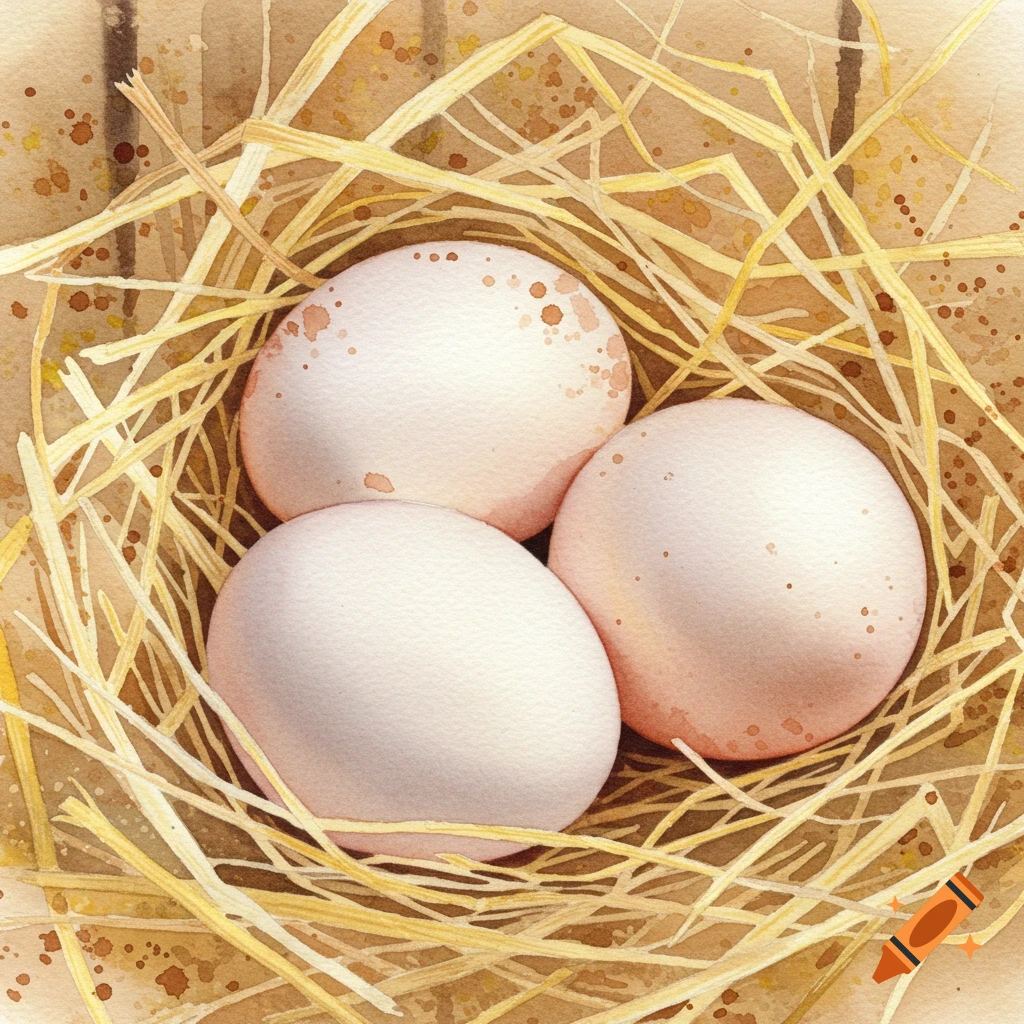 Three light-colored eggs rest in a straw nest, depicted in a watercolor painting.