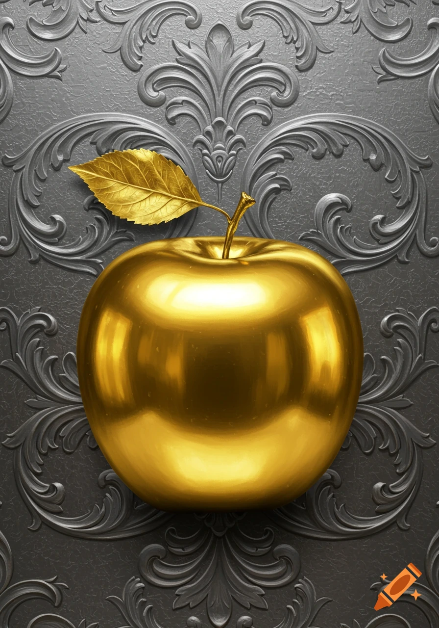 A brilliantly shiny golden apple with a golden leaf and stem, centered against a dark grey background with intricate silver carved patterns.