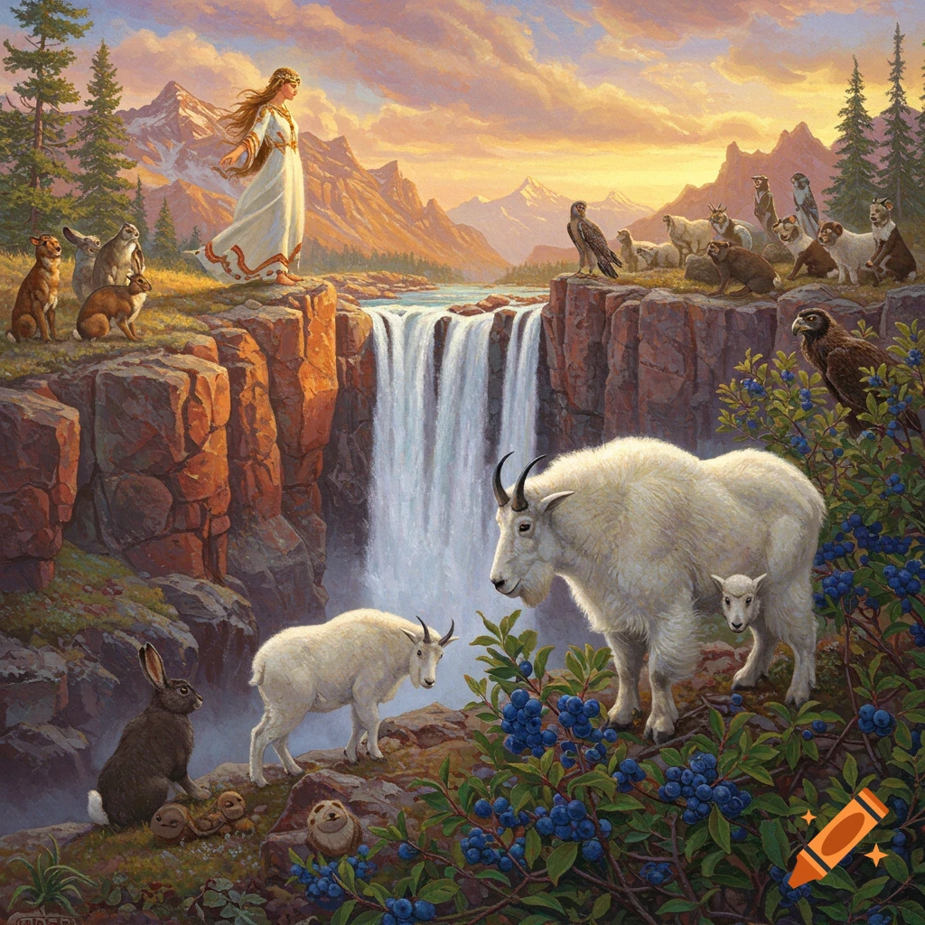 A woman in a white dress stands on a cliff with animals, overlooking a waterfall and mountains at sunset in a detailed fantasy painting.
