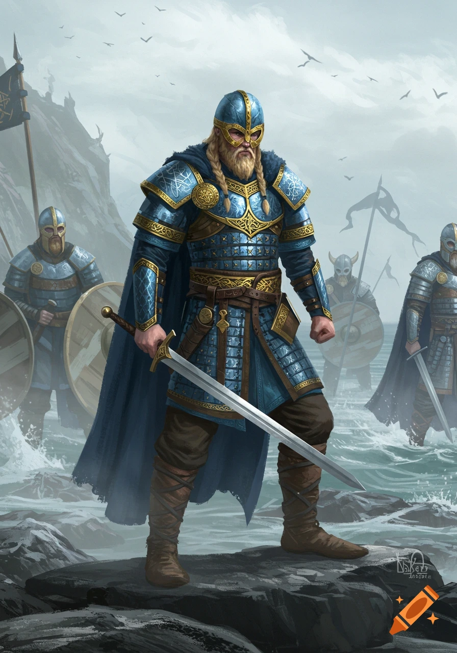 A group of armored Vikings, with the main warrior in blue and gold armor holding a sword, stand on a rocky shore with waves.