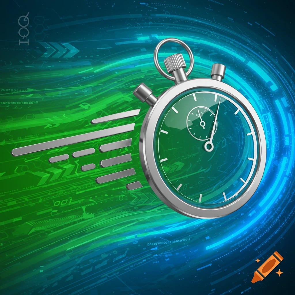 A metallic stopwatch with a green face and white markings, depicted with horizontal speed lines to its left, against a green and blue abstract digital background.