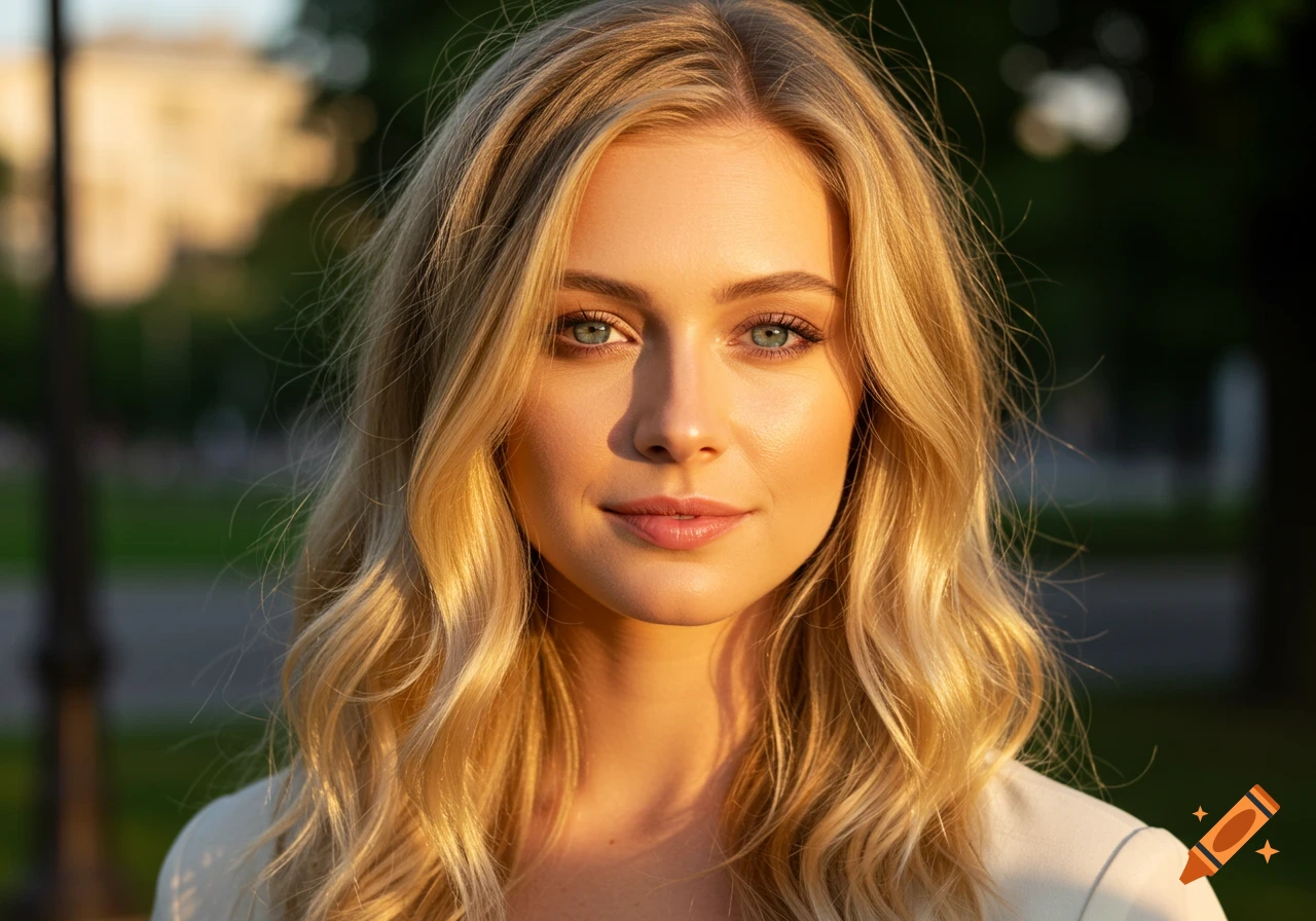 Close-up of a young woman with long blonde hair and blue eyes, smiling, lit by golden hour sun.