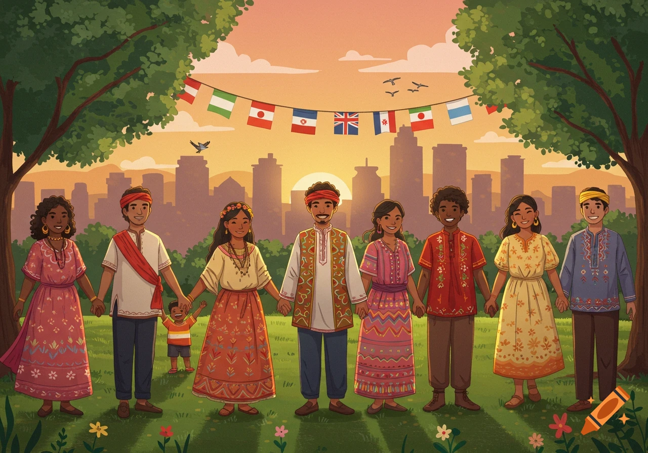 Illustration of diverse people holding hands under international flags in a park at sunset, with a city skyline in the background.