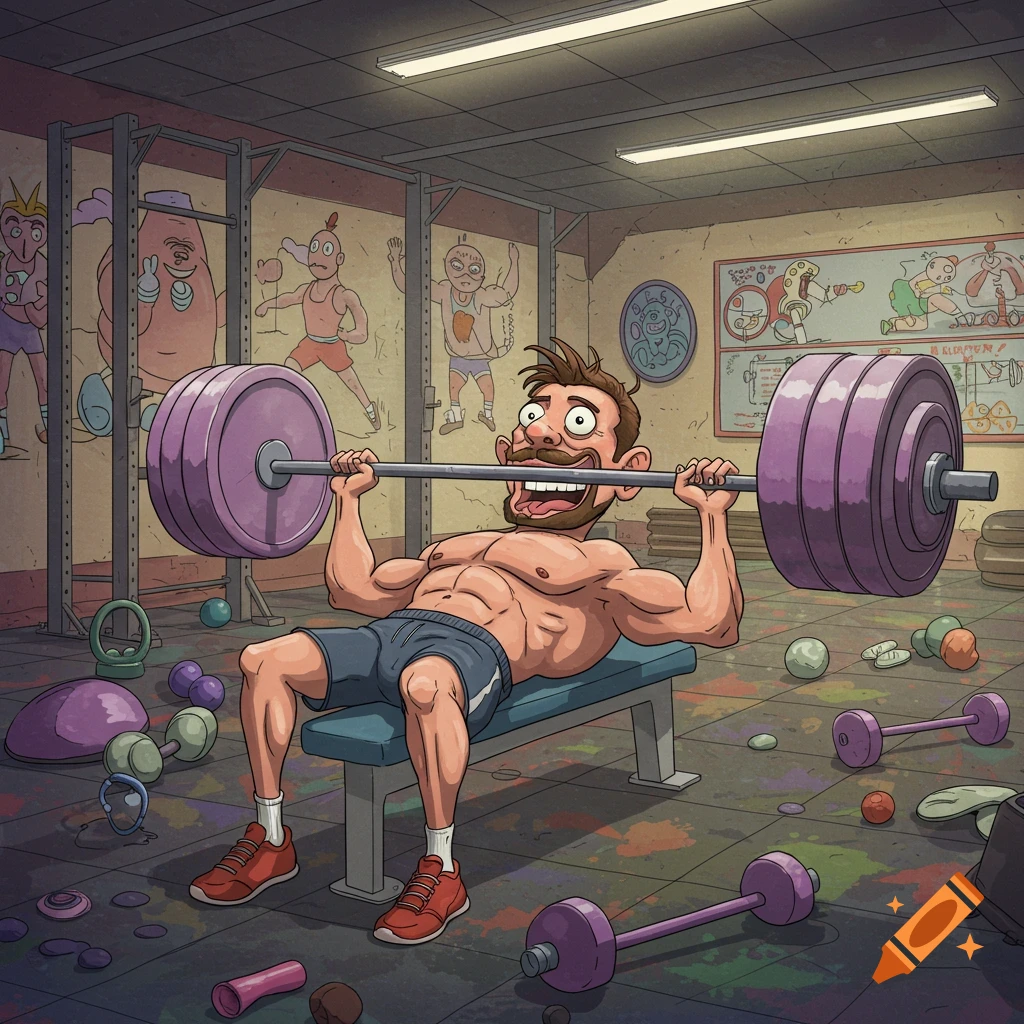 A goofy, muscular cartoon man struggles to bench press heavy weights in a messy gym filled with cartoonish murals.