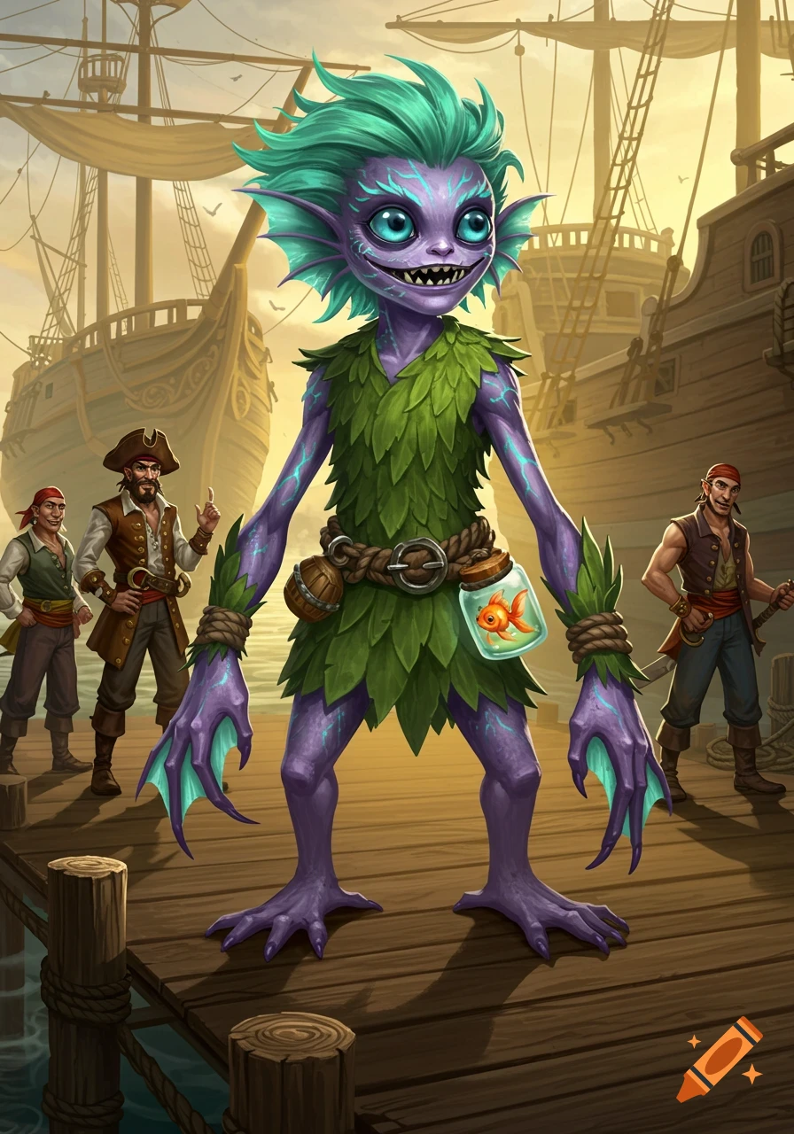 A vibrant purple, teal-haired creature in a leaf outfit holds a goldfish jar on a wooden dock with pirates and ships in the background. Digital fantasy art.