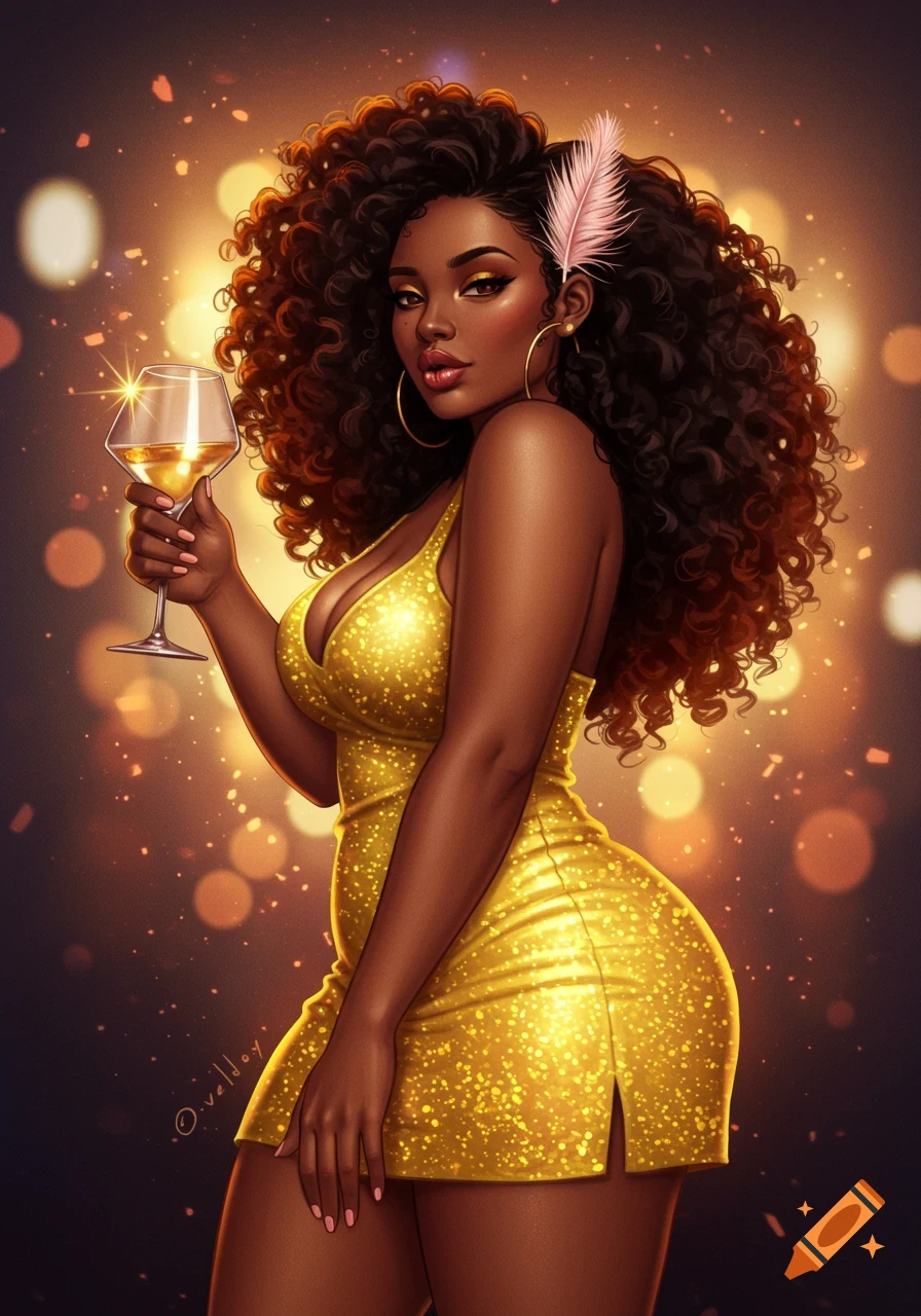 An illustration of a woman with curly hair in a sparkling gold dress holding a wine glass against a bokeh background.