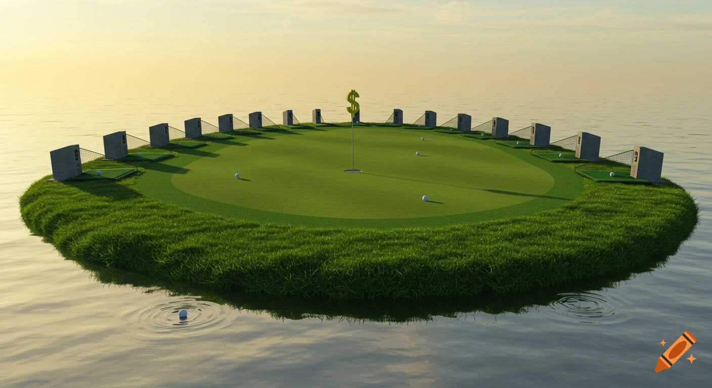 A round green golf course sits on a small island in calm water with a dollar sign flag and multiple hitting stalls around the perimeter.