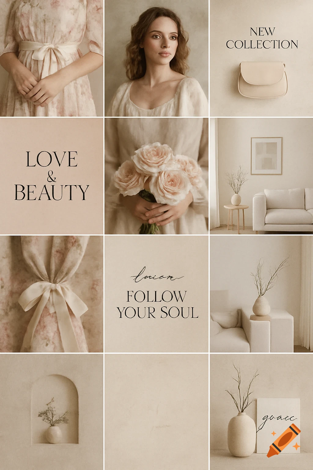 A soft, romantic Instagram grid collage featuring fashion details, a woman's portrait, flowers, and elegant minimalist interior scenes with text overlays.