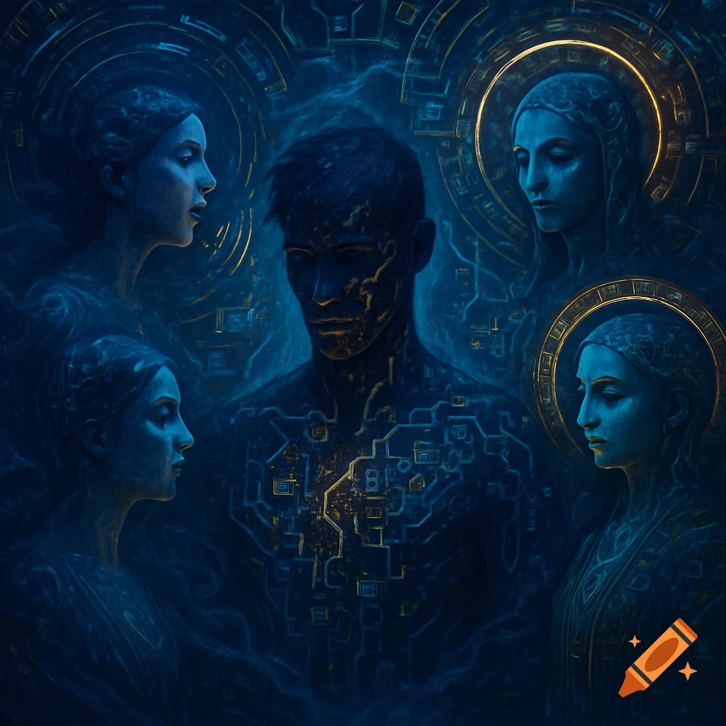 Abstract digital art of a central male figure with circuit patterns, surrounded by four female figures with halos, in blue and gold tones.