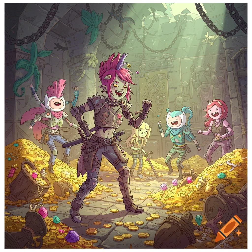 Adventure Time-style raider girls celebrating in a dungeon's treasure room filled with gold and jewels.