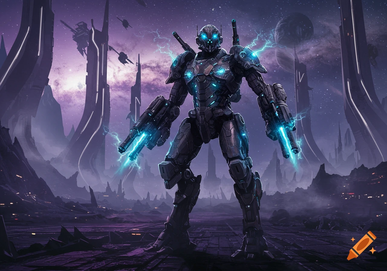 A powerful futuristic battle robot with glowing blue weapons stands in a dark, alien sci-fi landscape under a starry sky.