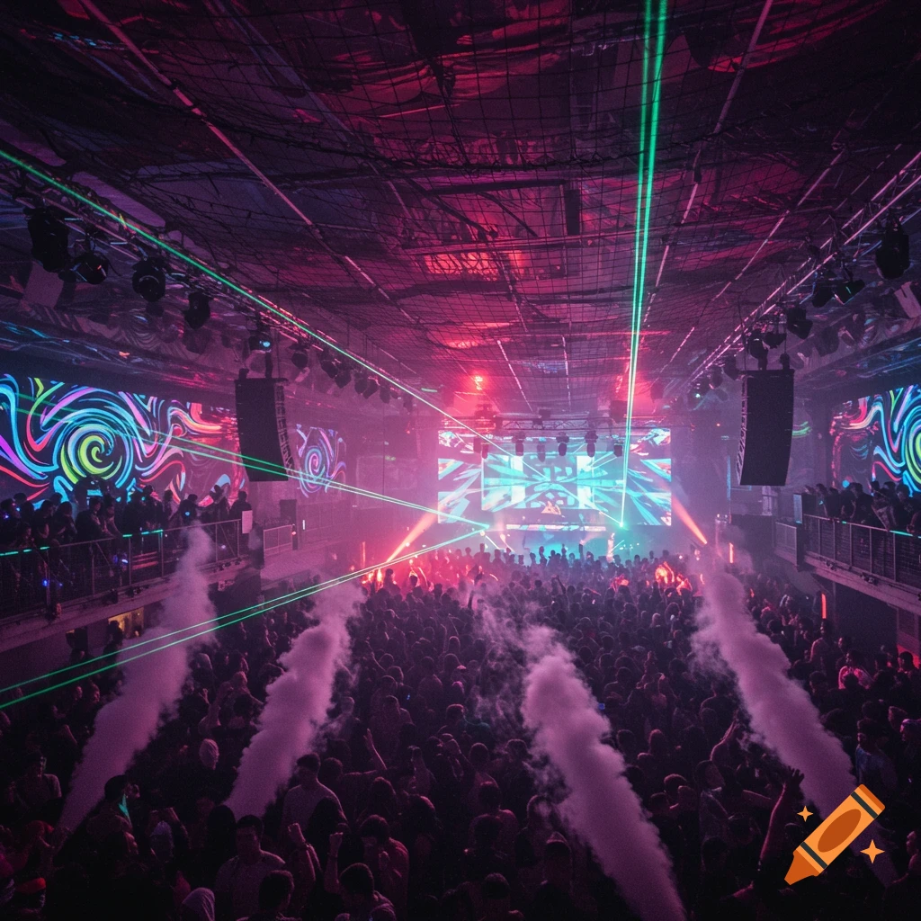 A large crowd of people dance at a vibrant indoor rave venue, illuminated by green laser beams and colorful stage lights.