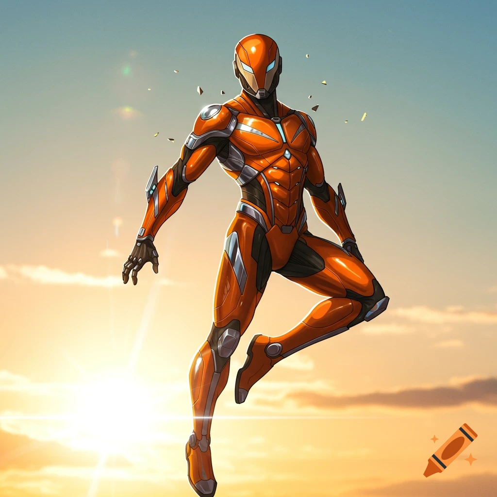 A superhero in a shiny orange and black armored suit floats in a bright, cloudy sky with a sun flare.