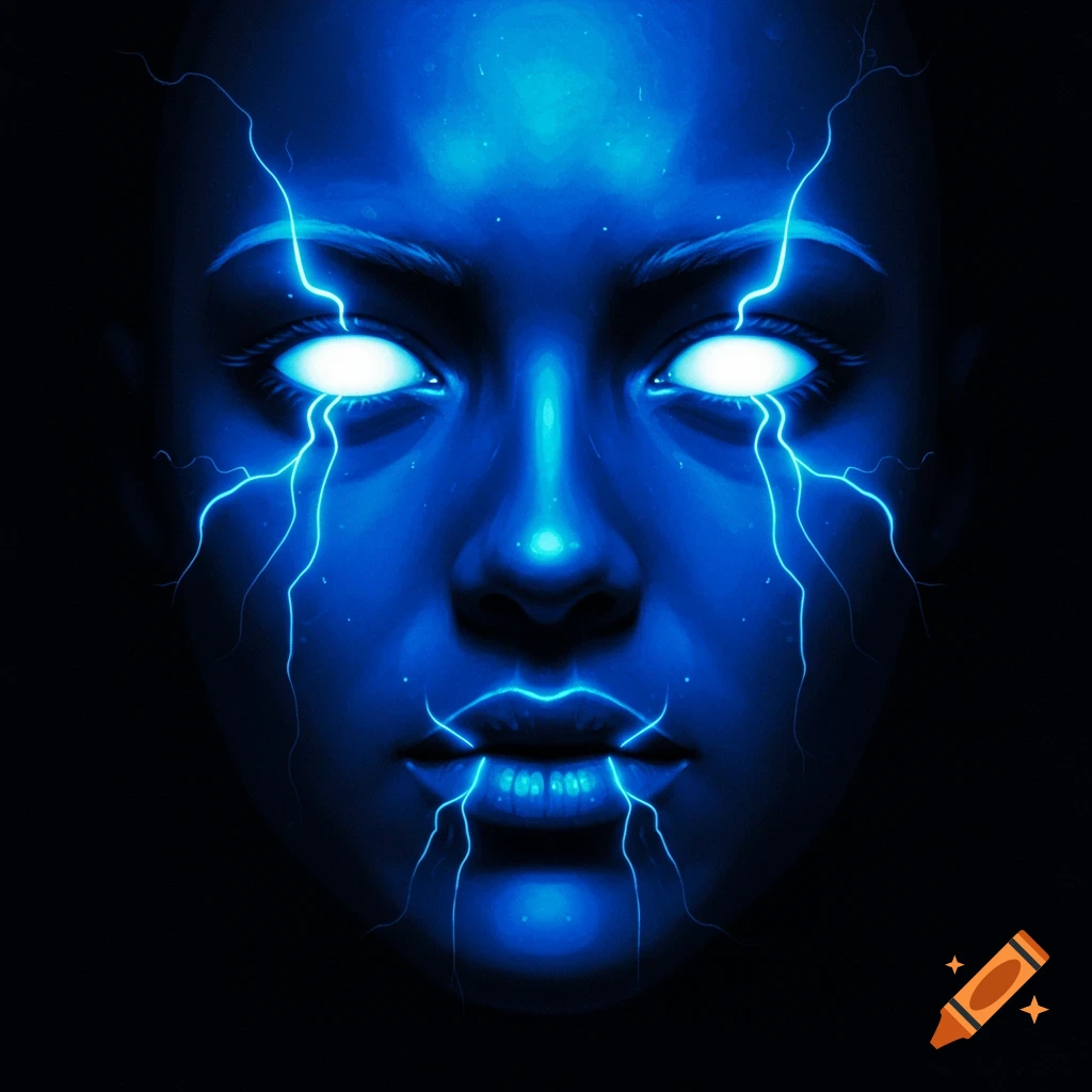 A close-up of a blue electric face with glowing white eyes and a glowing blue mouth, with lightning bolts radiating from them against a black background.