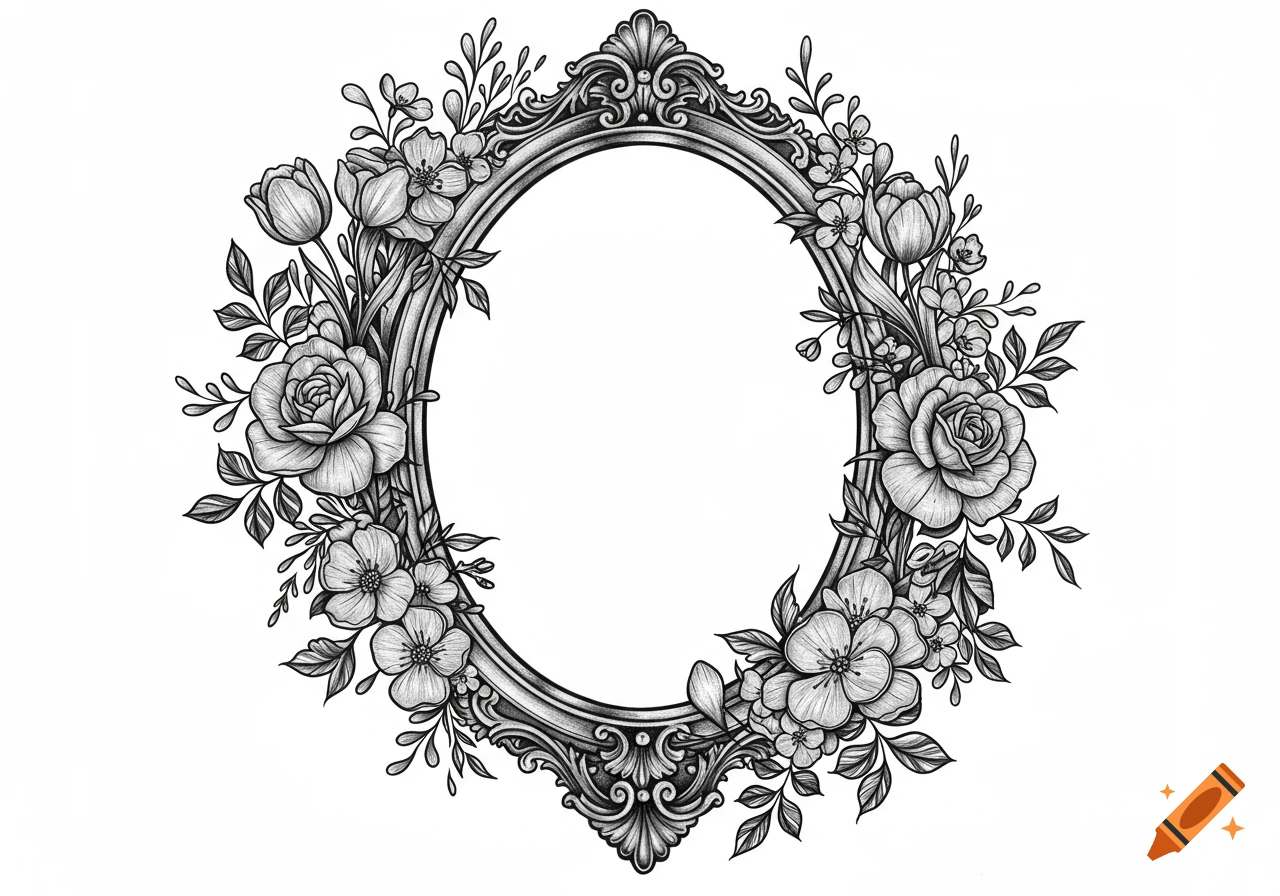 A black and white illustration of an ornate oval frame surrounded by roses, tulips, and wildflowers with swirling leaves in a vintage tattoo style.