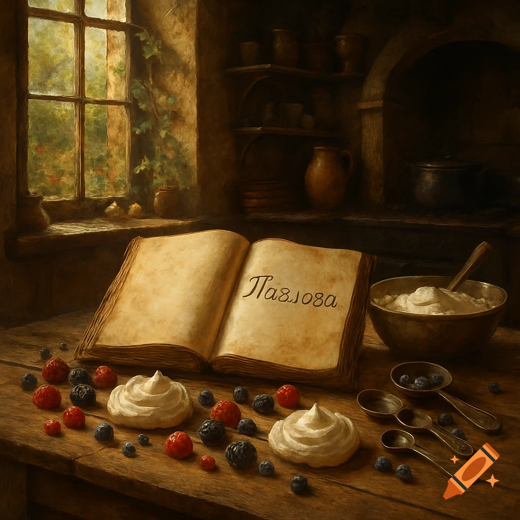 A rustic kitchen table with an open cookbook displaying "Павлова," surrounded by berries, meringue, and measuring spoons. A window overlooks a garden.
