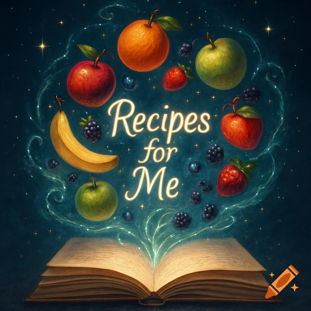 Magical illustration: An open book emits light, surrounded by floating oranges, apples, bananas, and berries. Text reads 'Recipes for Me' against a starry night sky.
