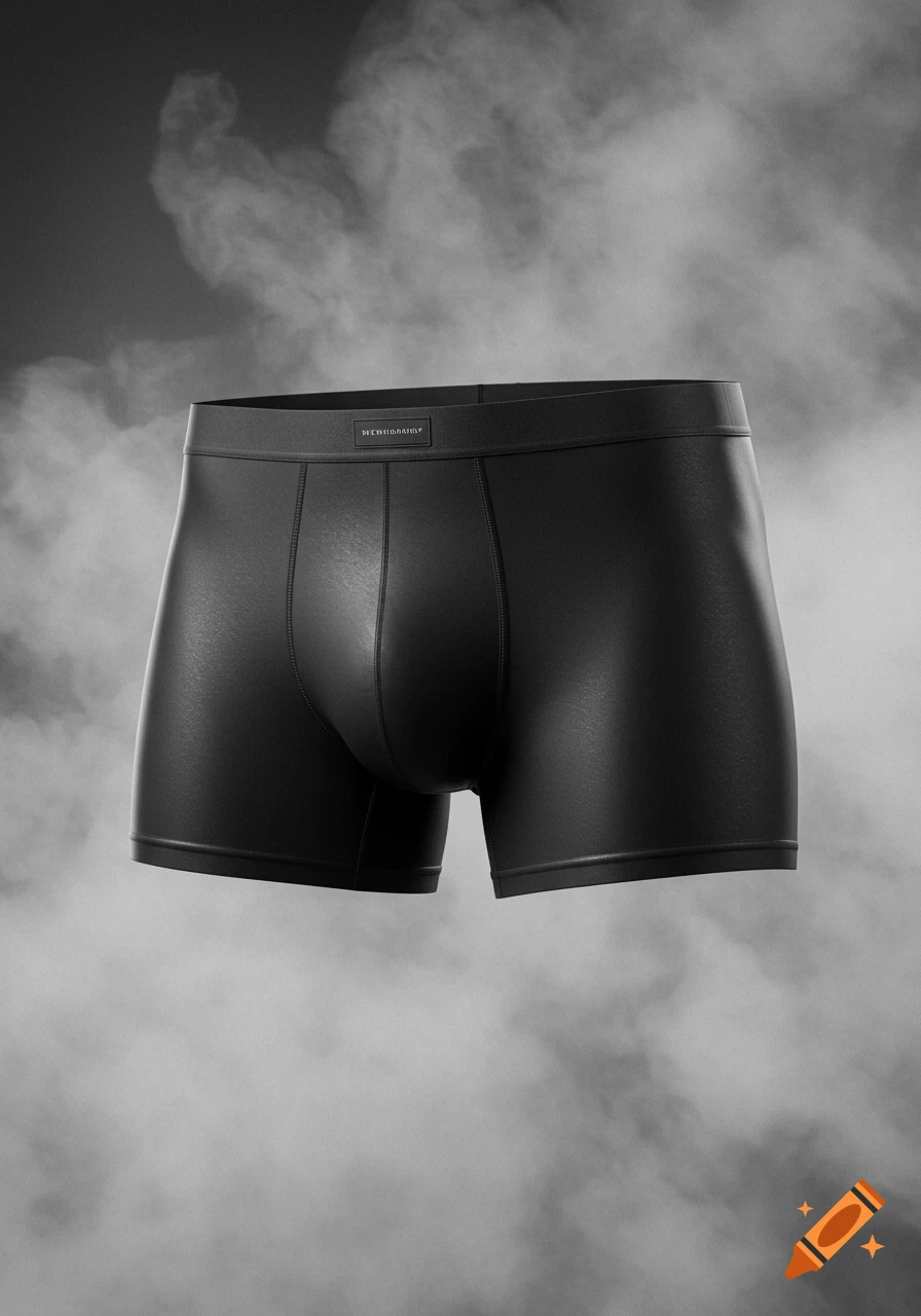A photorealistic image of black boxer briefs against a smoky grey background.